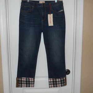 NWT Driftwood Colette Dark Wash Straight Crop Plaid Cuff Denim Jeans Sz 32